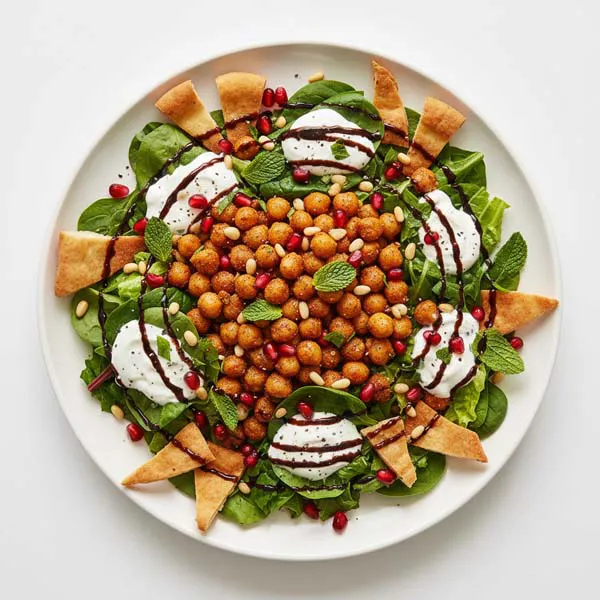 Lebanese Pomegranate Chickpea Fetteh with Minted Yogurt Dressing